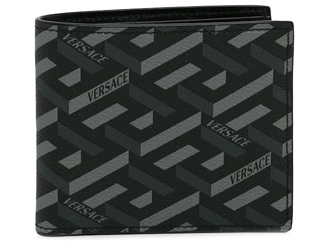 Versace Black La Greca Small Wallet Cloth Cloth  ref.1284156