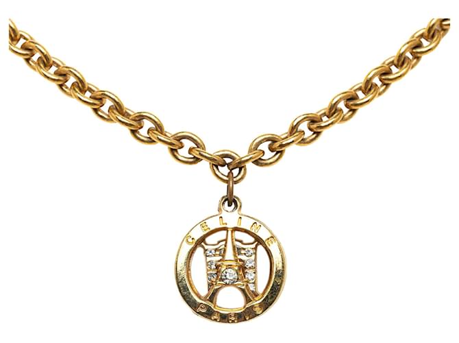 Céline Celine Gold Eiffel Tower Arc de Triomphe Rhinestone Chain Necklace Golden Metal Gold-plated  ref.1284157