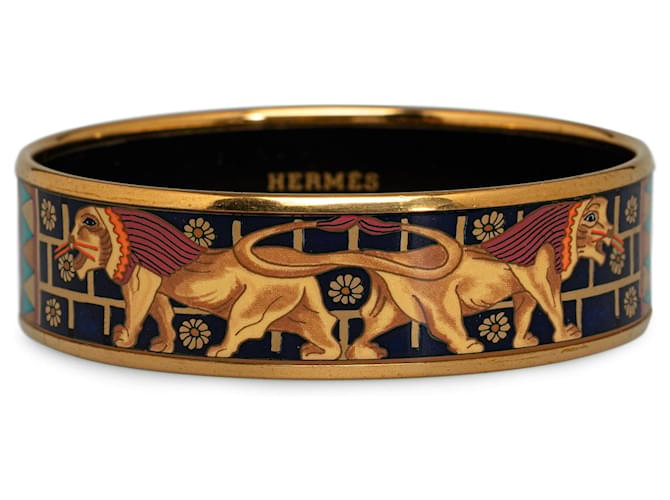 Hermès Bracciale largo smaltato Hermes Brown Babylon Lions Marrone Metallo Smalto  ref.1284165
