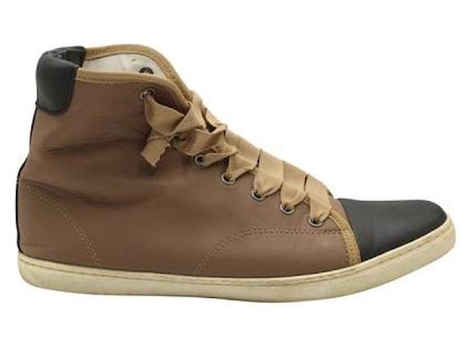 Zapatillas altas Lanvin de cuero marrón y negro en dos tonos - Cordones de cinta Castaño  ref.1284542