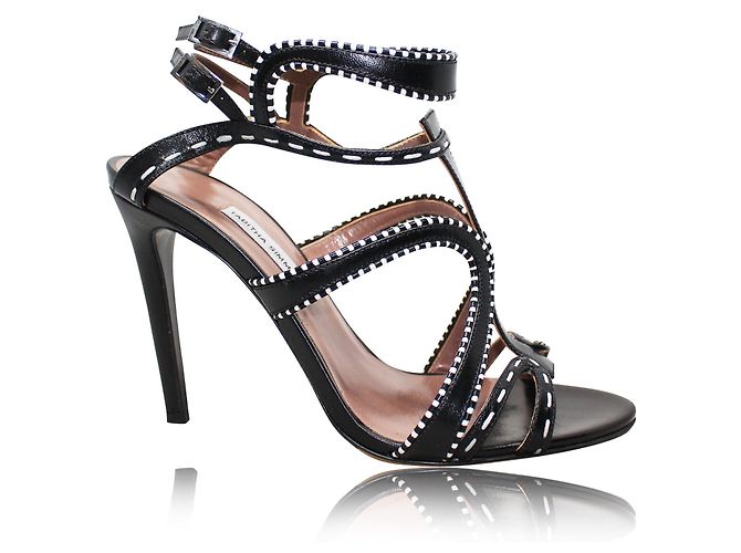 Tabitha Simmons Black Strappy Stilettos with White Feature Stitching