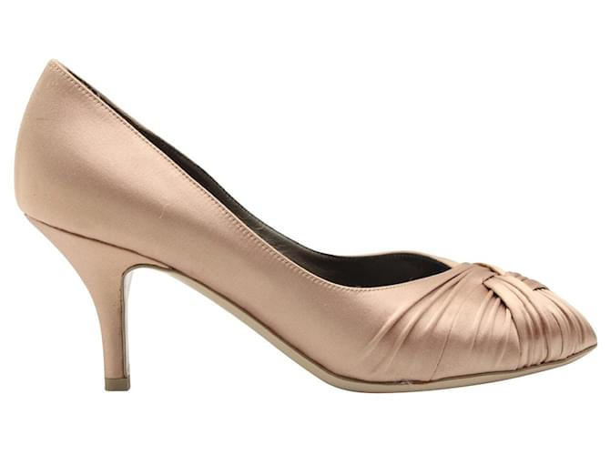 Salvatore Ferragamo Champagne/ Rose Gold Satin Peep-Toe Heels Metallic Leather  ref.1284564