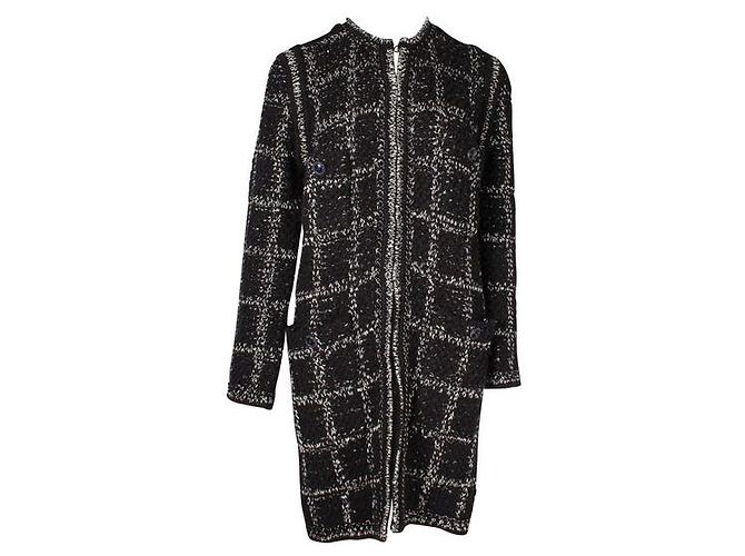 Timeless Chanel Schwarz-Weißer langer Woll-Tweed-Mantel