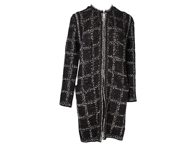 Timeless Chanel Schwarz-Weißer langer Woll-Tweed-Mantel Wolle Polyamid  ref.1284570