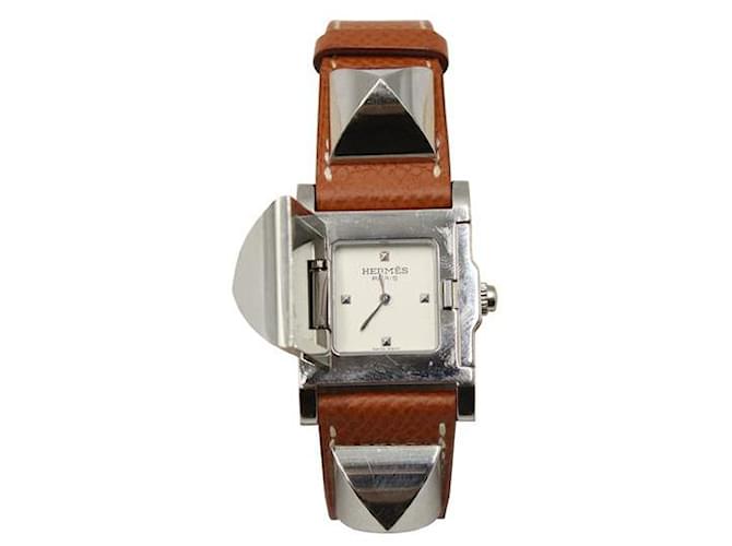 Hermès Hermes Medor Steel Barenia Leather Wrist Watch Brown  ref.1284588