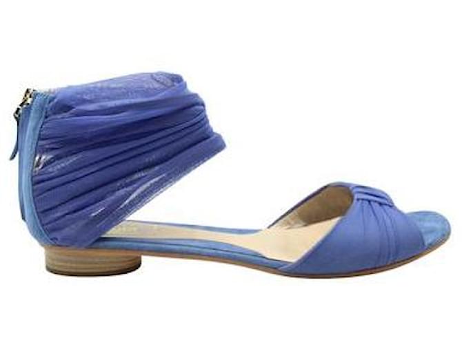 Fendi Indigo Blue Mesh Fabric Flat Peep-Toe Sandals Leather  ref.1284594