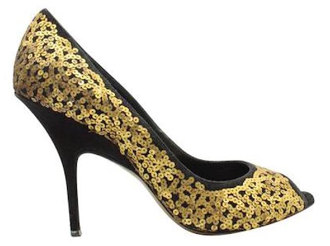 Donna Karan Talons peep-toe noirs avec paillettes dorées Cuir  ref.1284595