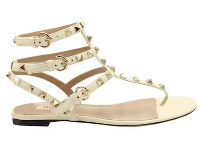 Valentino Off-White Studded Flat Thong Sandals Cream Leather  ref.1284600
