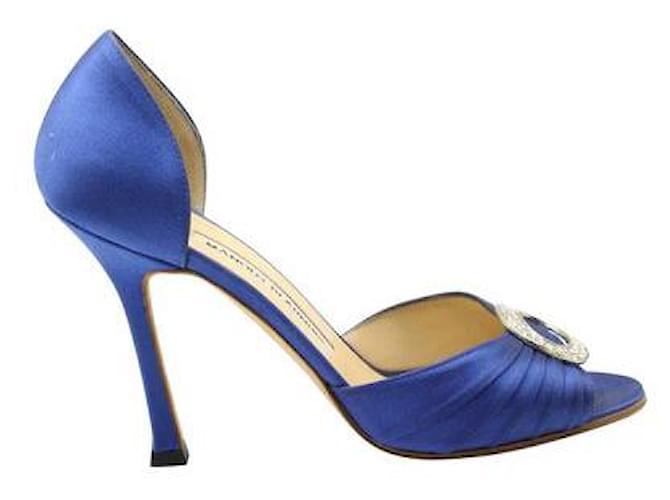 Manolo Blahnik Royal Blue Satin Heels with Crystal Embellishments Leather  ref.1284601