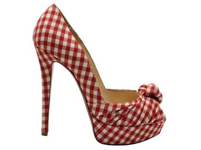 Christian Louboutin Red Gingham Greissimo Peep-Toe Pumps Leather  ref.1284607