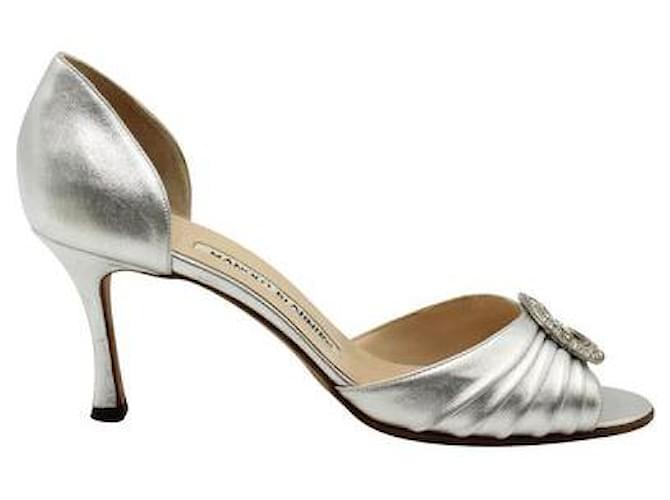 Manolo Blahnik Silver Heels With Crystal Embellishments Silvery Leather  ref.1284620