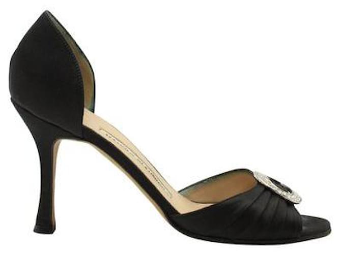 Manolo Blahnik Black Satin Heels with Crystal Embellishments Leather  ref.1284621