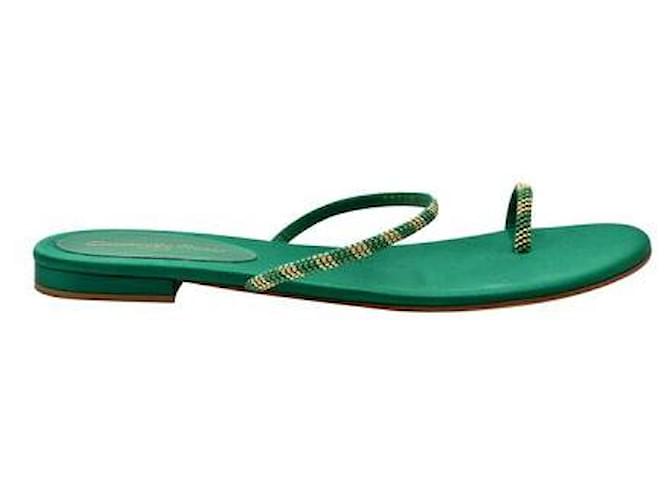 Gianvito Rossi Bottle Green Satin Flat Sandals One Toe Leather  ref.1284623