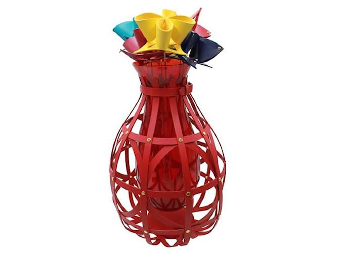 Louis Vuitton Diamond Vase By Marcel Wanders - 6 Colorful Origami Flowers Red Leather Steel Metal Glass  ref.1284672