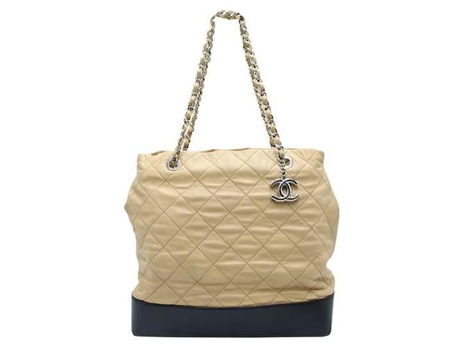 Chanel Light Brown and Black Quilted Tote Bag in Silver Hardware Leather  ref.1284681