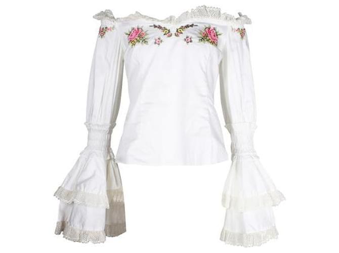 Autre Marque Contemporary Designer Cream Embroidered Top with Bell Sleeves Cotton  ref.1284740
