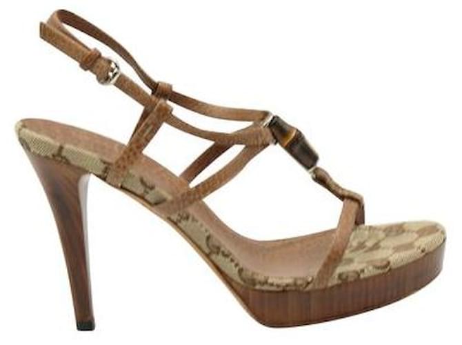 Gucci Leather, Monogram Canvas & Bamboo High Heel Sandals Brown Cloth  ref.1284756
