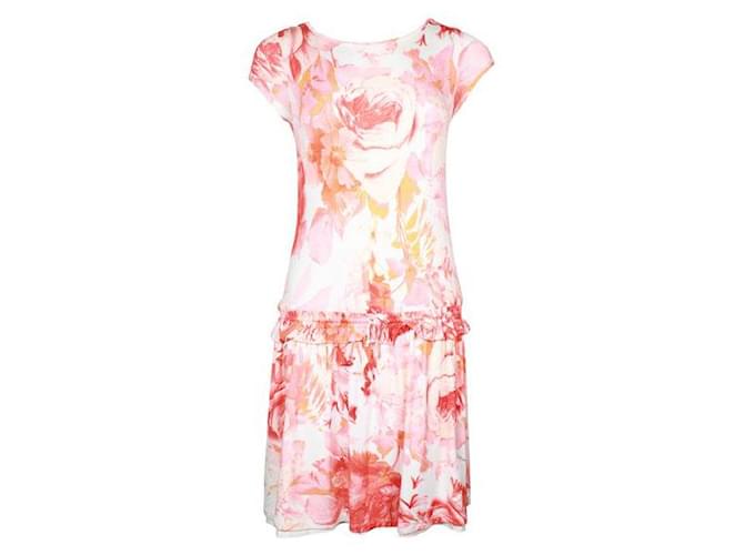 Roberto Cavalli Cream, Pink & Orange Floral Print Summer Dress Viscose Elastane  ref.1284779