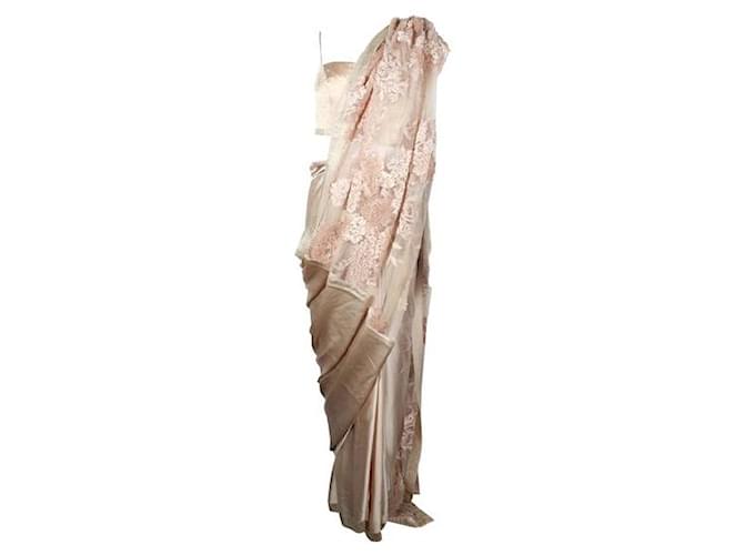 Autre Marque Contemporary Designer Gold Silk Sari with Floral Embroidery Golden  ref.1284785