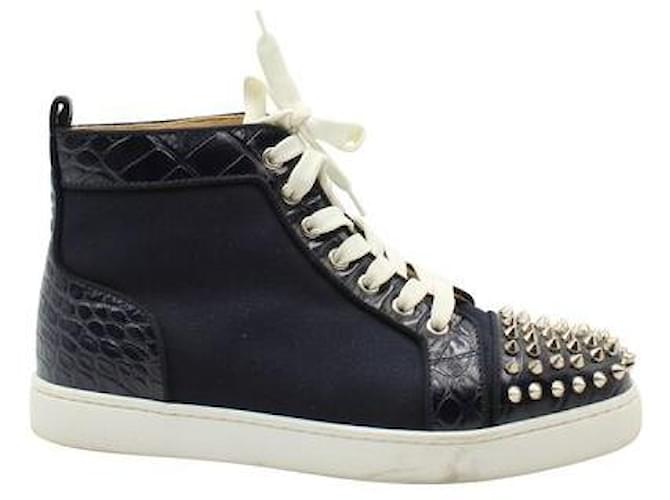 Christian Louboutin Denim Lou Spikes Orlato Flat High-Top Sneakers Blue Leather Metal  ref.1284796