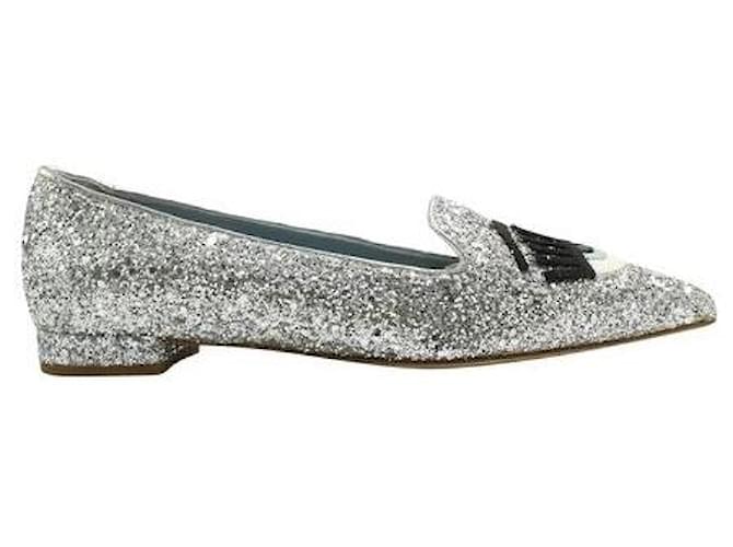 Autre Marque Chaussures plates argentées scintillantes à bout pointu de créateur contemporain Cuir  ref.1284830