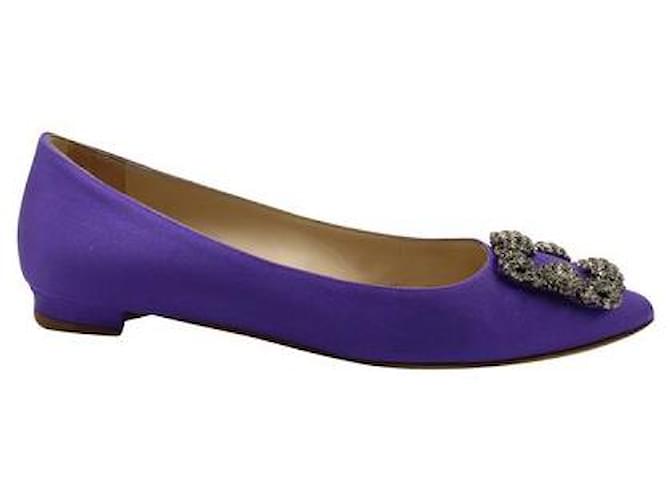 Manolo Blahnik Zapatos planos de satén con punta en color morado - Adornos plateados Púrpura Cuero Metal  ref.1284870