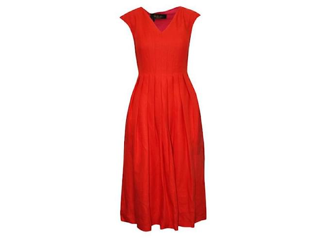 Loro Piana Orange/ Red Pleated V-Neck Cocktail Dress Linen  ref.1284875