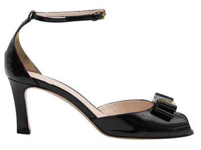 Bally Black Patent Leather Peep-Toe Heels With Bow