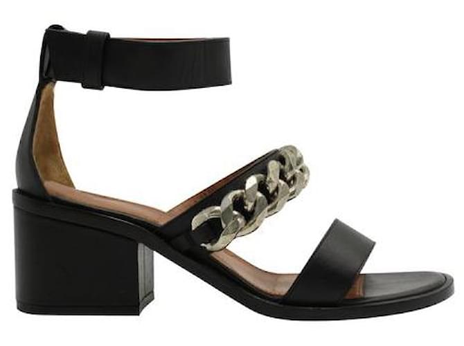 Sandales à talons blocs en cuir noir Givenchy avec chaîne argentée audacieuse Métal  ref.1284909