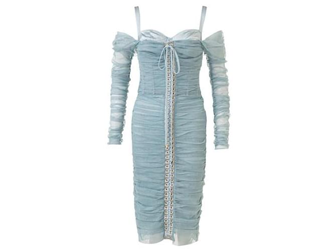 Dolce & Gabbana Ruched Off Shoulder Dress Blue Suede Elastane Nylon  ref.1284936