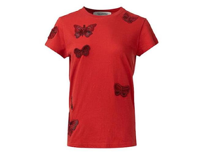 T-shirt à broderie papillon Valentino Soie Viscose Rouge  ref.1284973