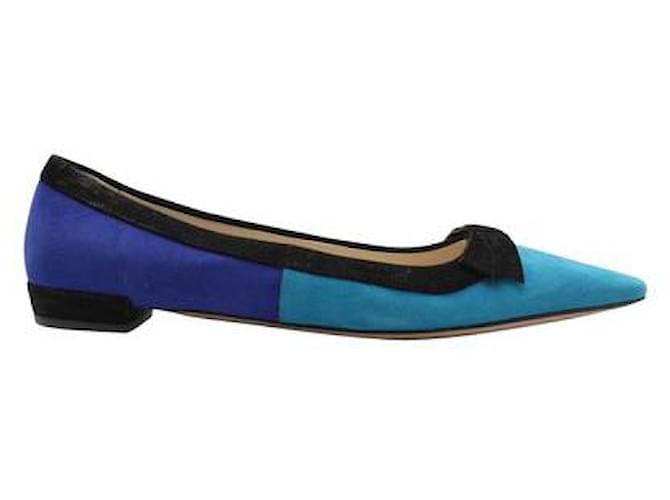 Bow Prada Turquoise, Chaussures plates à bout pointu en daim bleu et noir Suede  ref.1285002