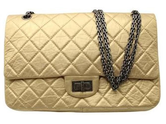 Reedição Chanel Light Gold 2.55 Clássico Maxi 227 saco de aleta alinhado Dourado Bezerro-como bezerro  ref.1285011