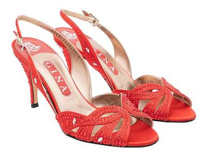 Autre Marque Contemporary Designer Red Crystal Embellished Slingback Sandals Leather Satin  ref.1285013