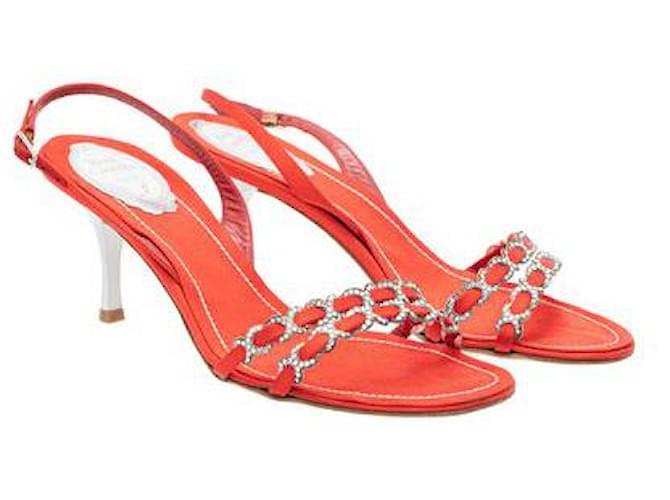 Rene Caovilla Zapatos destalonados con adorno de joya de satén rojo Roja Cuero  ref.1285016