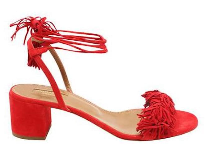 Autre Marque Contemporary Designer Red Wild Thing 50 Fringed Mid Heel Sandals Suede  ref.1285026