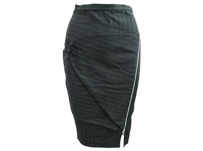 Autre Marque Lisa Von Tang  Aoki Pinstripe Skirt With Chinese Knot Elements Black Suede Polyester Wool Viscose  ref.1285083