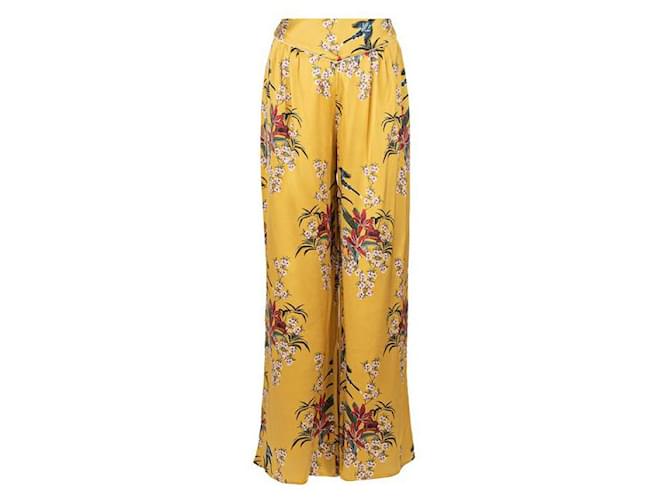 Autre Marque Johanna Ortiz Calça de pijama de cetim de seda com cintura alta e pernas largas com estampa floral Amarelo  ref.1285120