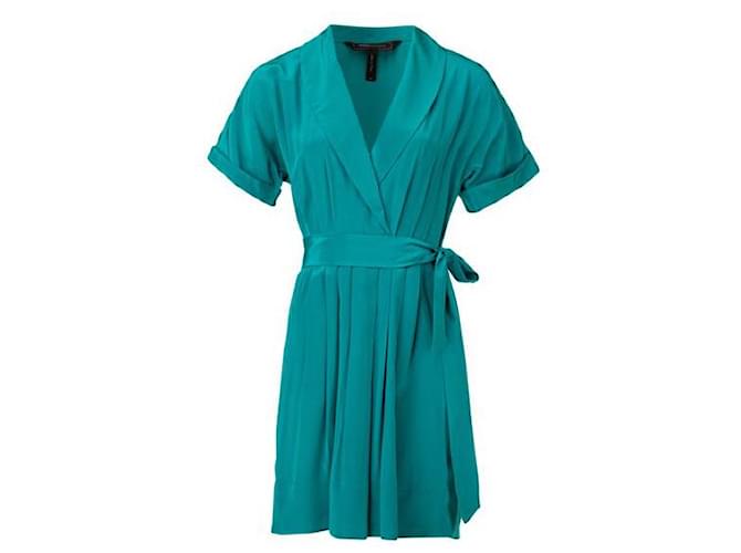 Autre Marque Contemporary Designer Notched Pleated Wrap Dress Turquoise Silk  ref.1285203