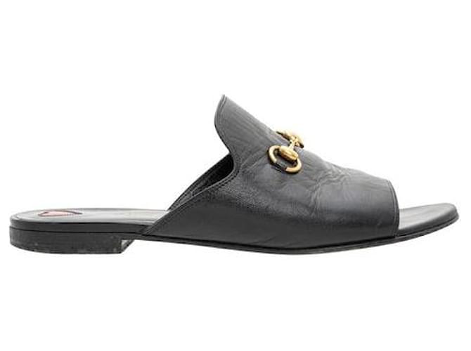 Gucci Malaga Horsebit Accent Slides Black Leather  ref.1285230