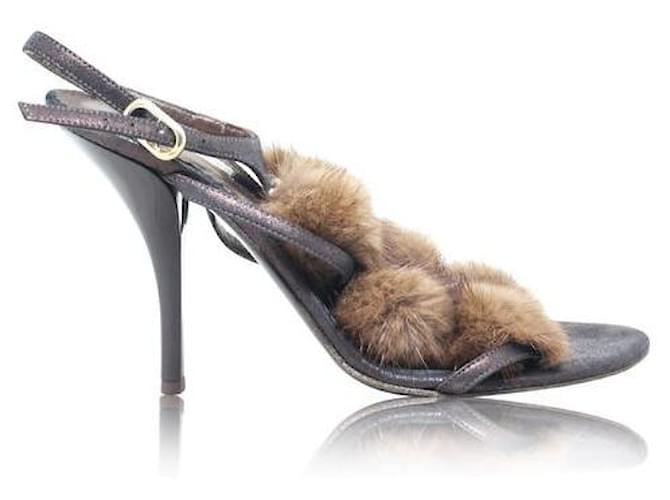 Autre Marque CONTEMPORARY DESIGNER Rabbit Fur Crystal Sandals Brown Leather  ref.1285241