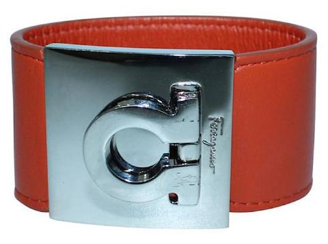 Salvatore Ferragamo Orange Leather Wide Gancio Bracelet Metal  ref.1285292