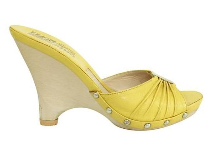 Salvatore Ferragamo Yellow Wedges With Studs Leather Wood  ref.1285476