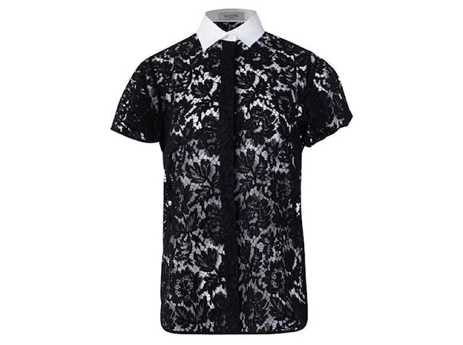 Valentino Peterpan Collar Lace Shirt Black Cotton Viscose Polyamide  ref.1285487