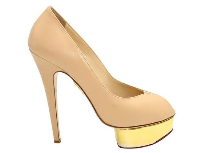 Charlotte Olympia Beige/Light Brown Heels - Golden Metallic Platforms Leather  ref.1285589
