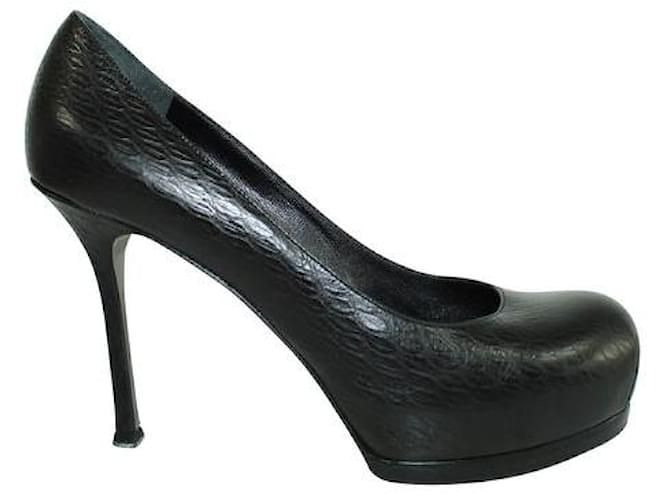 Yves Saint Laurent Black Textured Leather Round Toe Heels  ref.1285612