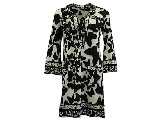 Diane Von Furstenberg Black & White Butterfly Print Midi Dress Silk  ref.1285646
