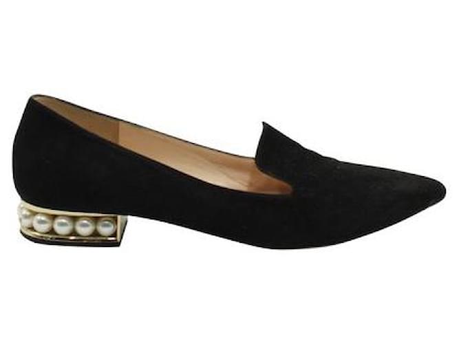 Nicholas Kirkwood Black Pointed Shoes with Faux Pearls Heels Suede Leather Faux fur  ref.1285705