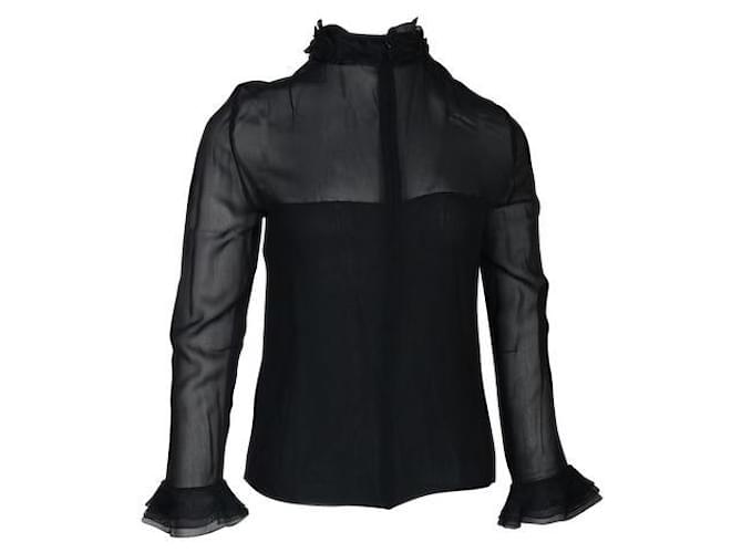 Akris Black Semi-Transparent Blouse with decorative Neckline Silk  ref.1285713