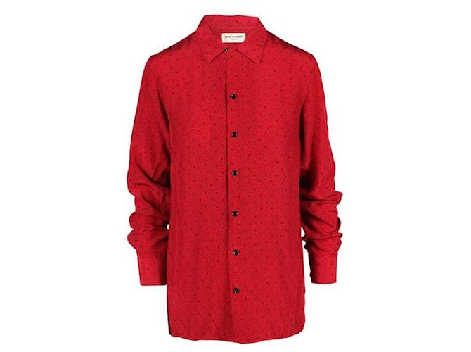 YVES SAINT LAURENT Camisa vermelha com estampa geométrica e botões Vermelho Seda  ref.1285841